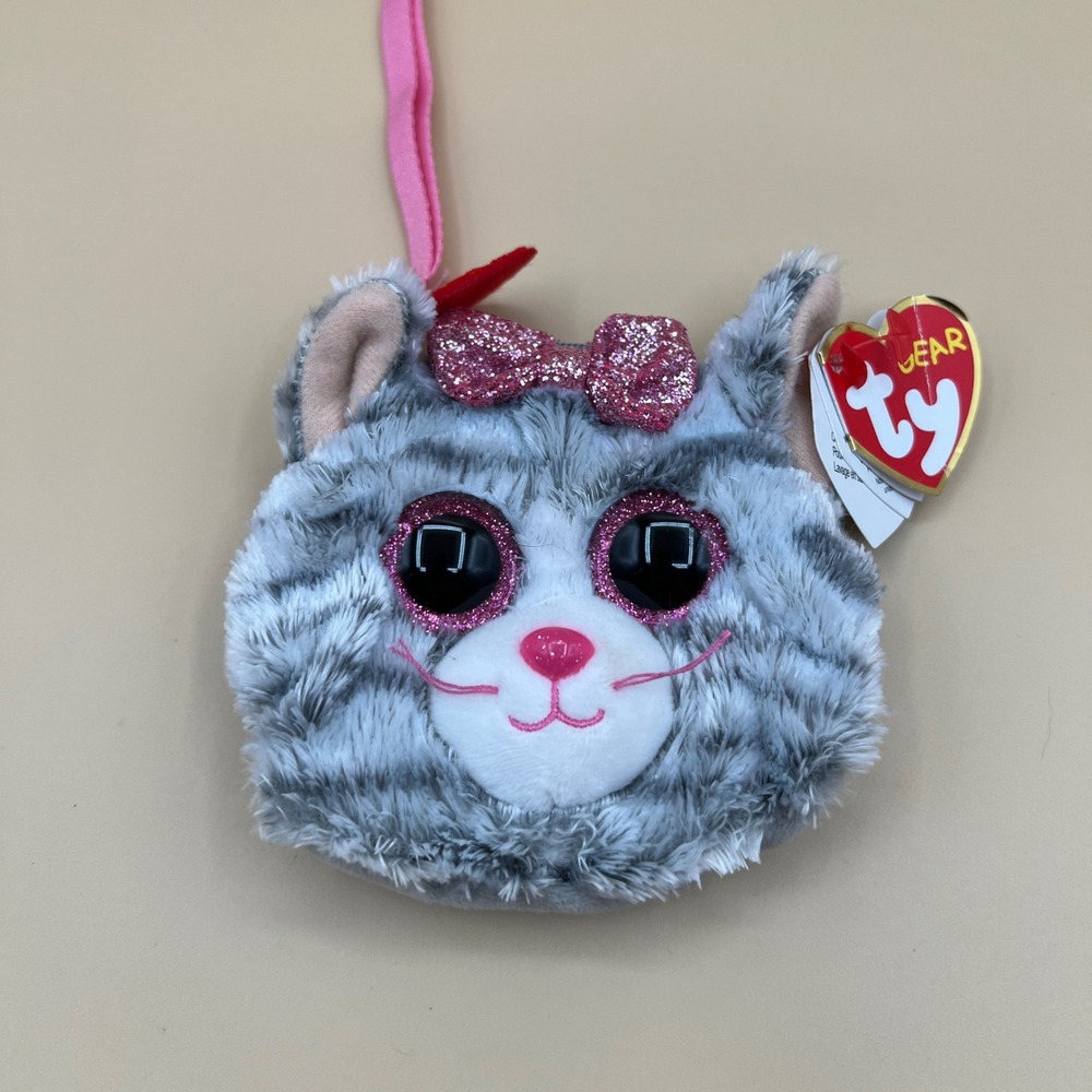 Ty Gear Kiki Cat Plush Coin Purse Grey Pink Glitter Beanie Boos Wristlet Pouch